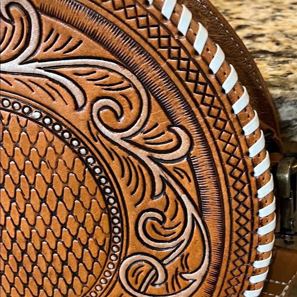 Myra Bag Brown Tooled Leather Round Crossbody with Hair-On Wallet - Picture 2 of 8